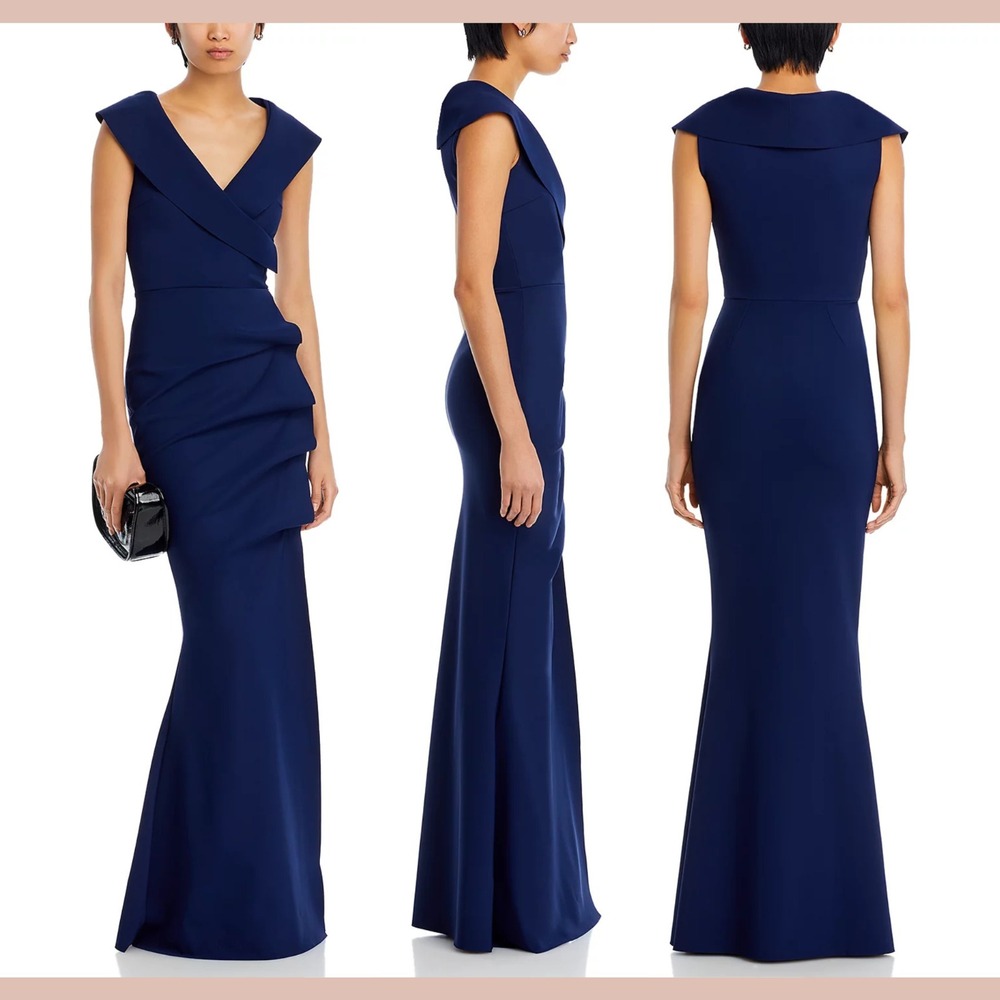 NWT $1050 Chiara Boni La Petite Robe [ 14 ] Off Shoulder Ruffle Gown Navy #J2087